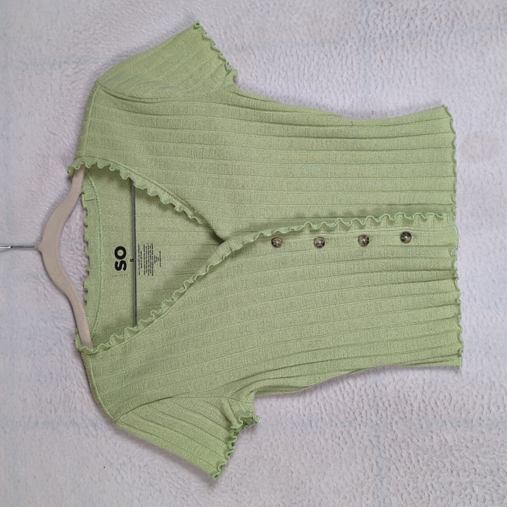 SO Women's Green Ribbed Ruffle Cropped Tee Shirt Size S